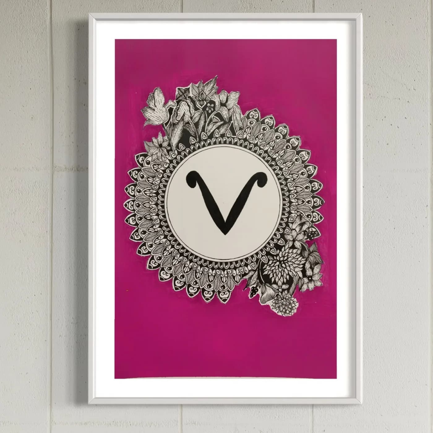 Aries sign in a mandala with flowers, on a magenta background
