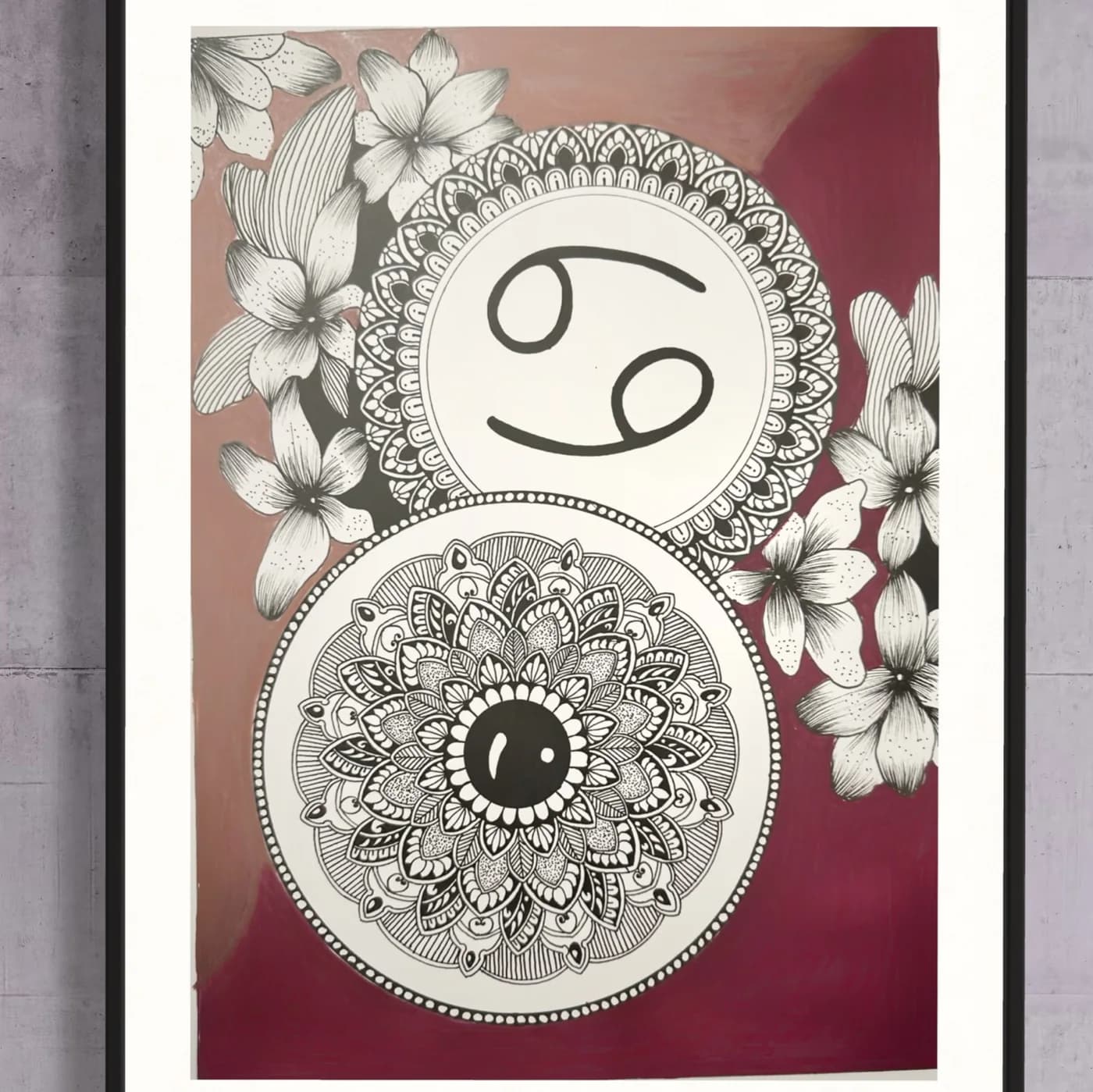 Cancer sign above a mandala with flowers, on a maroon and rose background