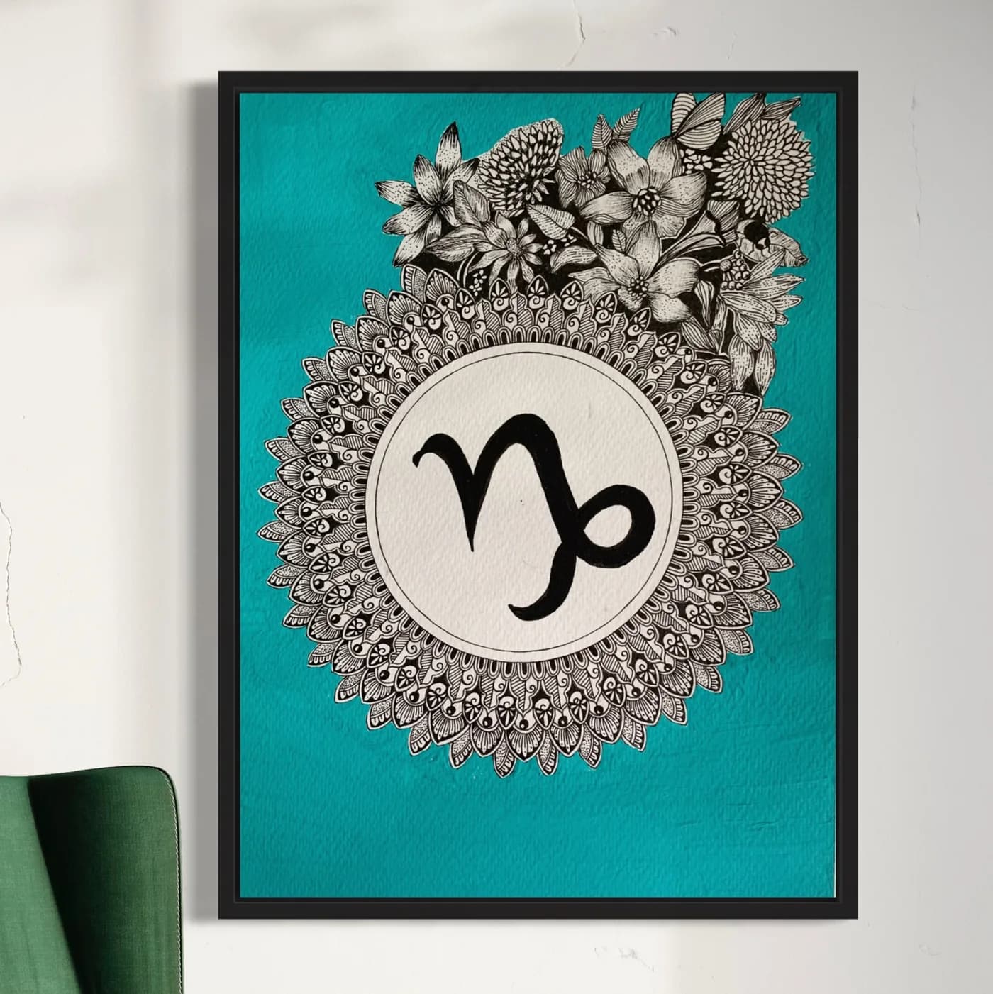 Capricorn sign in a mandala with flowers, on a teal background