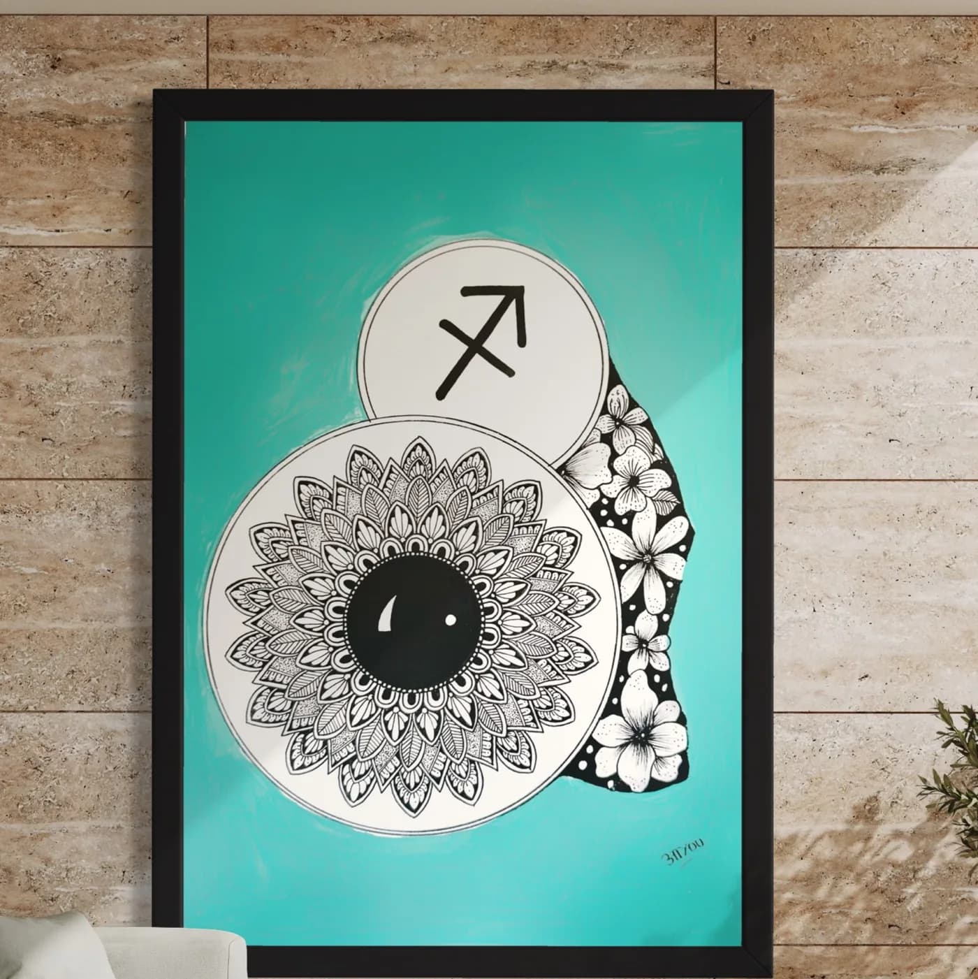 Sagittarius sign with a mandala and flowers on a teal background