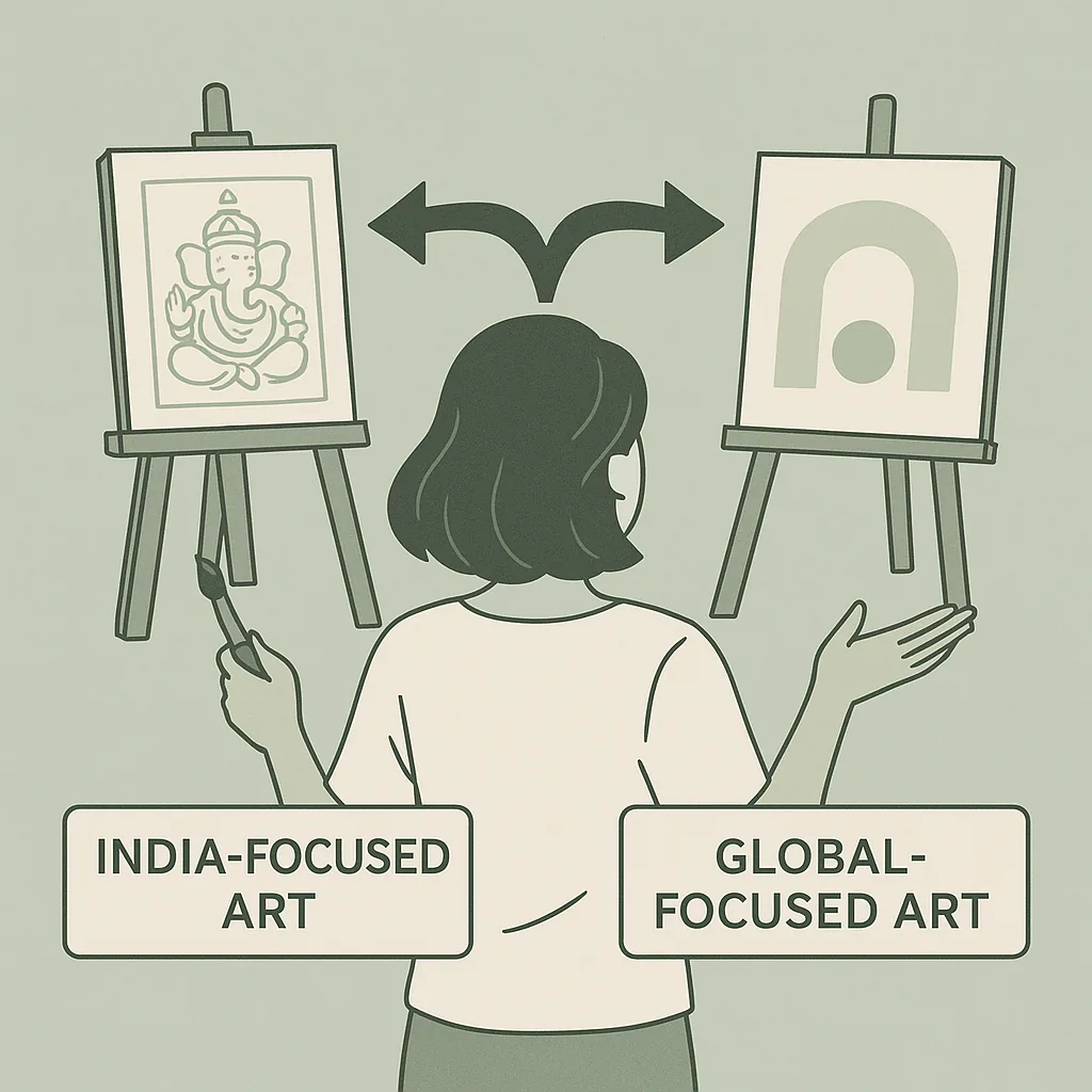 Illustration of a woman between two easels: a Ganesha drawing labelled India-focused art and an abstract arch labelled global-focused art