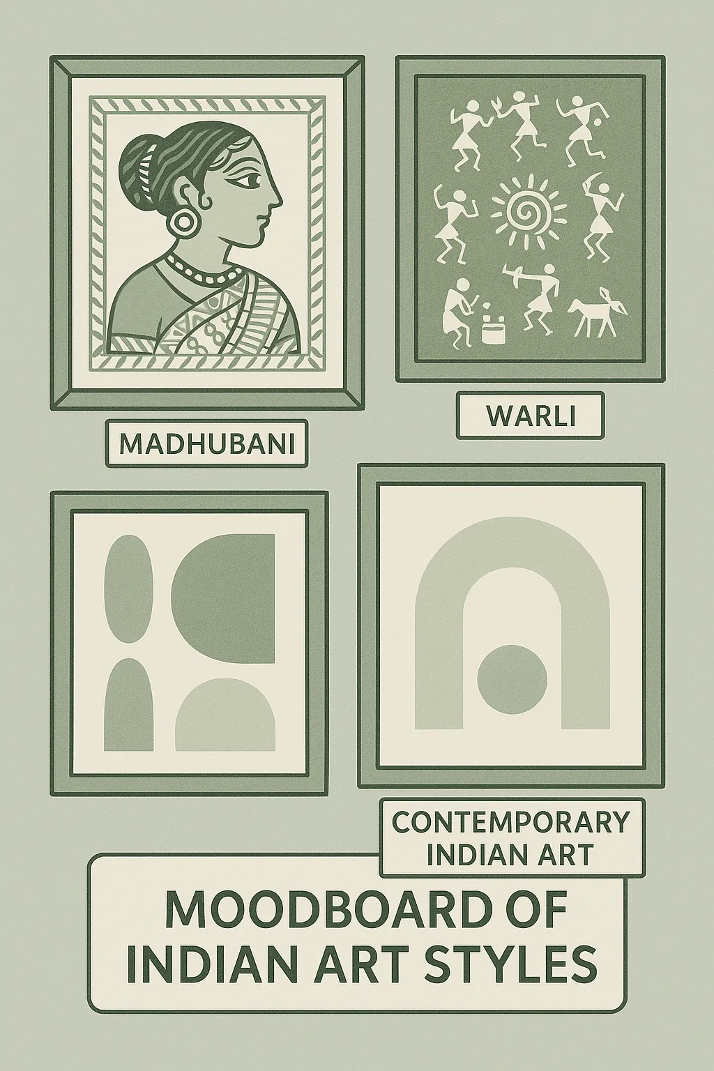 Moodboard of Indian art styles: Madhubani, Warli and contemporary Indian art
